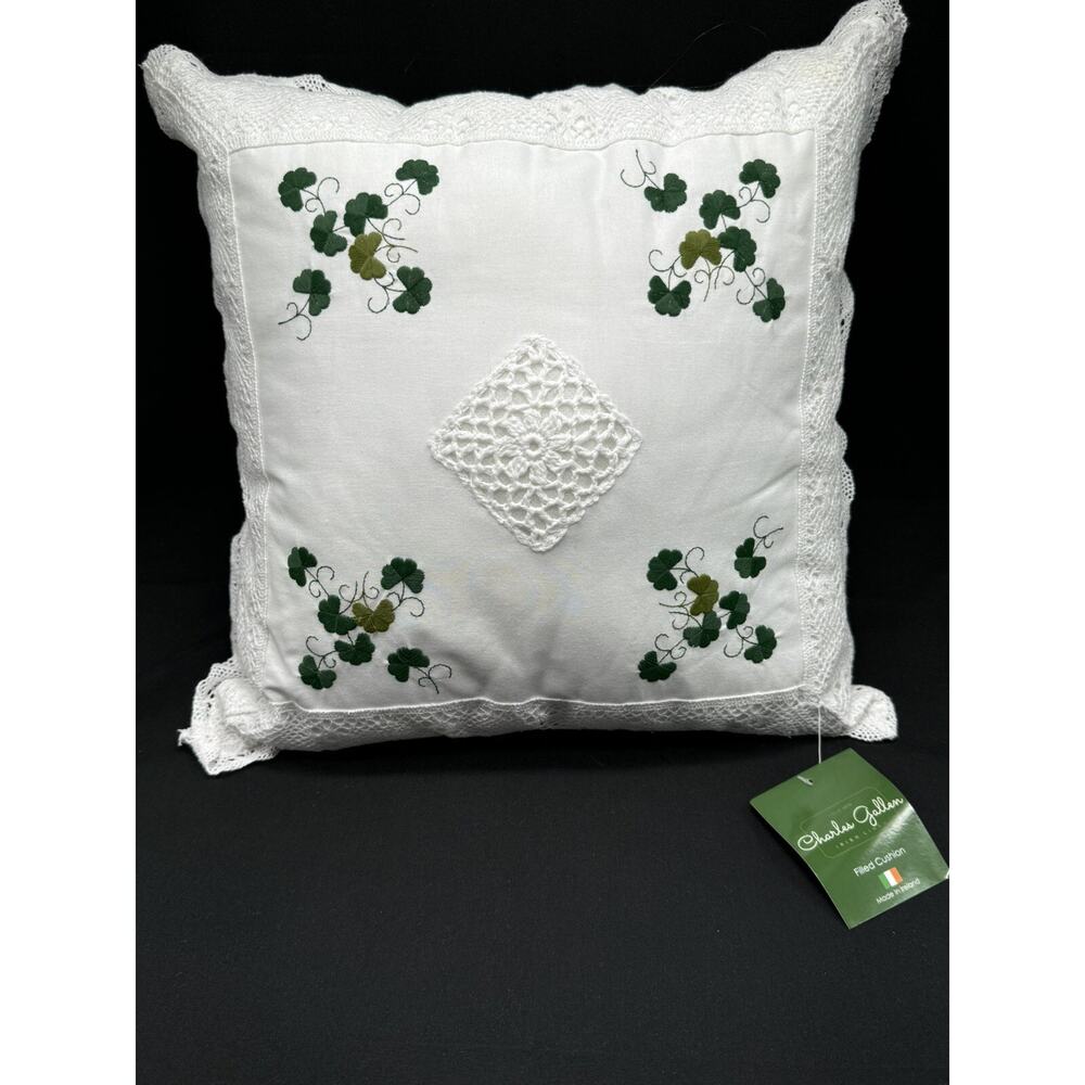 Charles Gallen Irish Linen Filled Cushion, Throw Pillow 16 X16” White Shamrocks